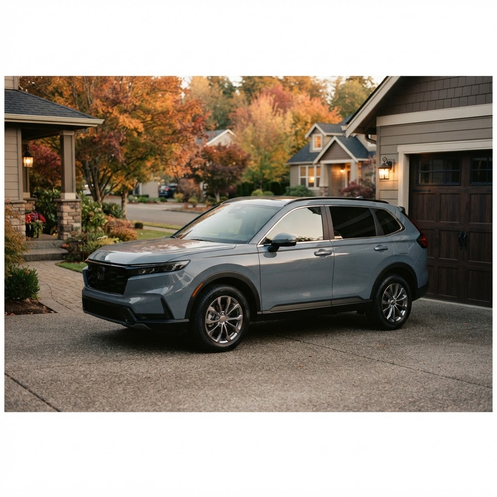 A midsize SUV parked in a suburban driveway with autumn trees behind it