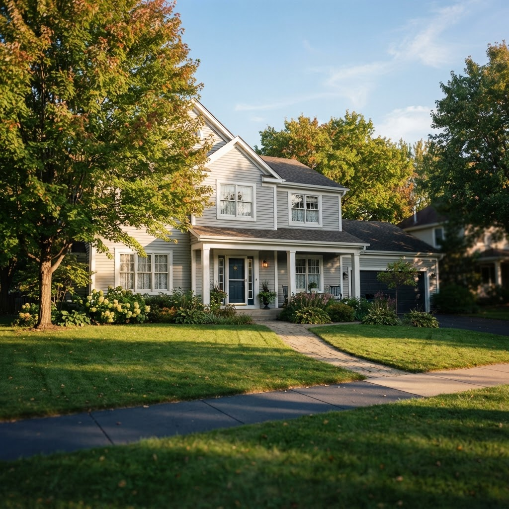 A two-story Minnesota family home with a covered front porch in late afternoon light