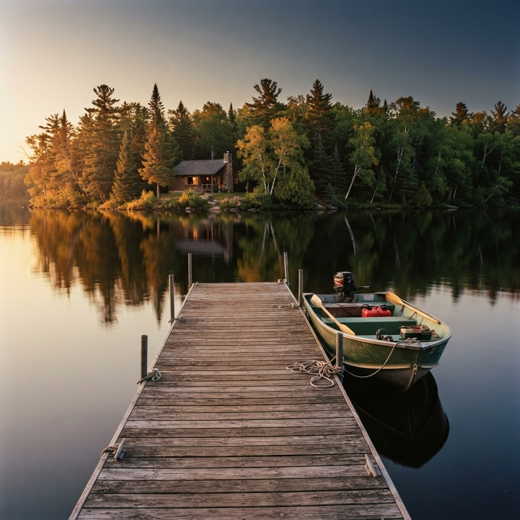 A wooden dock with a small fishing boat on a calm Northern Minnesota lake at golden hour