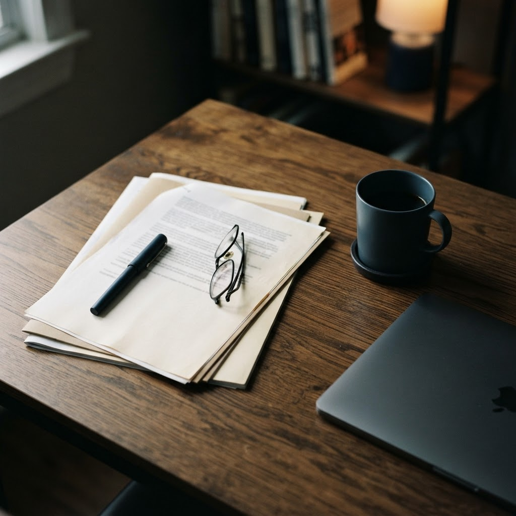 A desk with printed policy documents, a pen, and reading glasses in low evening light